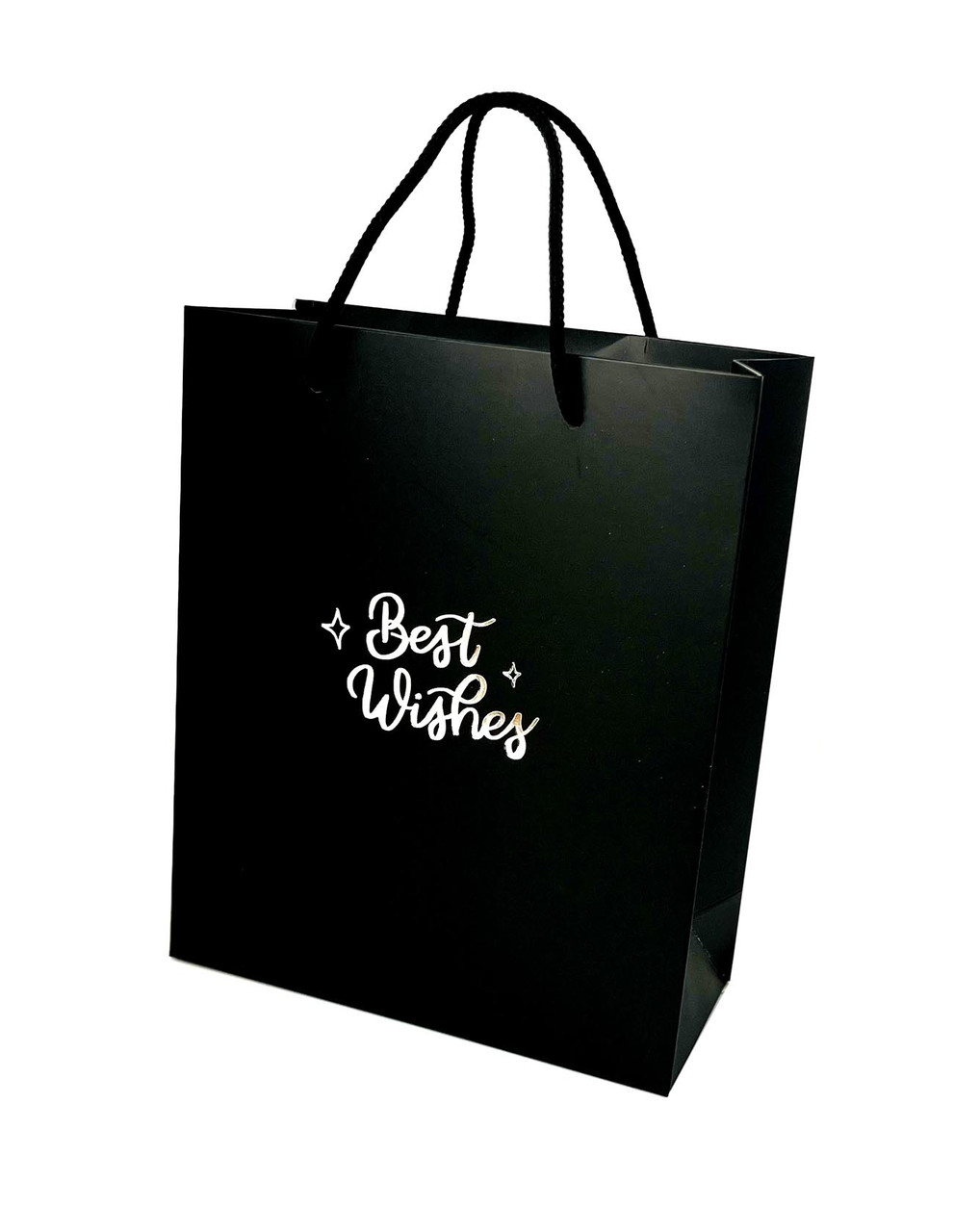 Пакет подарунковий чорний 240×100×300 мм з тисненням "Best Wishes" срібло