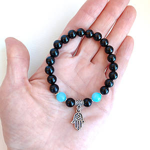 Браслет Чорний Агат і підвіска Хамса