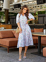 Стильна жіноча сукня на гудзиках довжина міді квітковий принт. Розміри від 42 до 52. Синій з білим