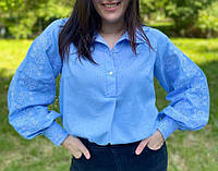 Льняная женская вышиванка, голубая блуза с белой нежной вышивкой