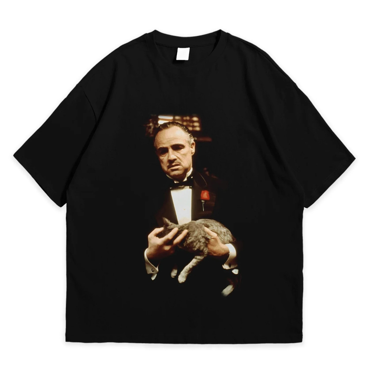 Футболка з принтом Хрещений батько Віто Карлеоне з котом S Чорний