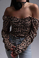 Топ с леопардовым принтом, Леопардовый топ с открытыми плечами, Женский леопардовый топ с длинным рукавом