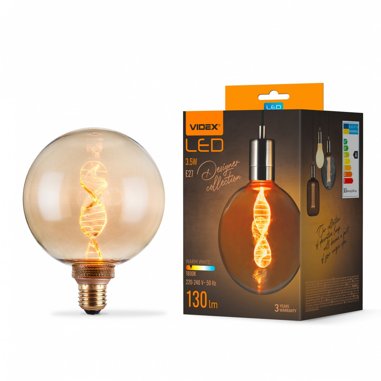 LED лампа Filament VL-DNA-G125-A 3.5W E27 1800K Amber
