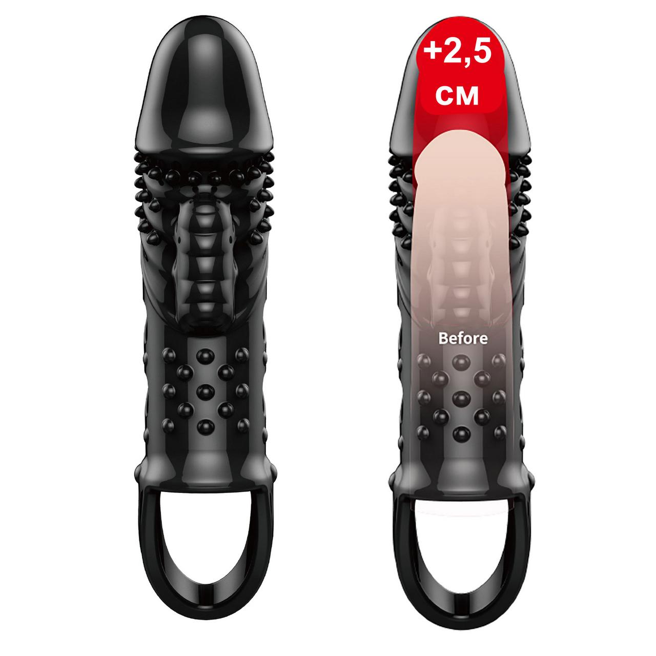 Насадка на член із вібрацією збільшення члена на 2,5 см насадка Penis Sleeve CECELIA чорного кольору, фото 1