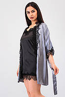 Шелковая домашка халат с кружевом+пеньюар атлас шелк,красивая домашняя одежда 44