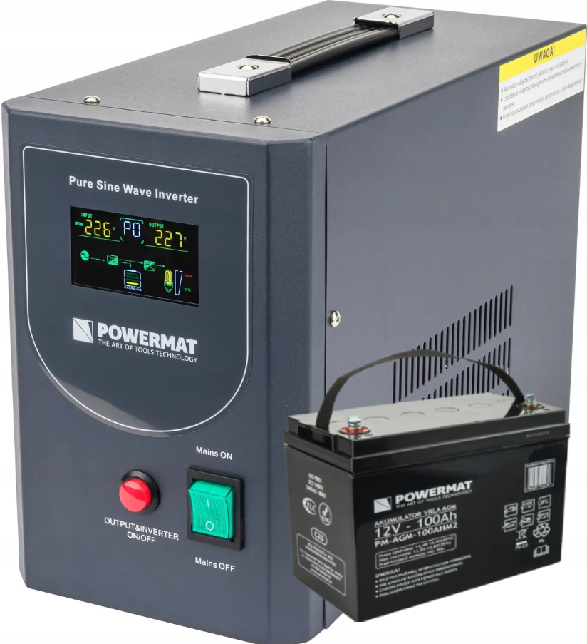 ДБЖ Powermat 800ВА 600Вт чиста синусоїда + акумулятор Powermat 12В 100Ач (Польща)