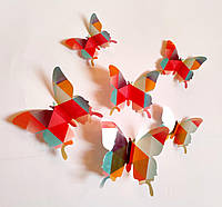 Наклейки на стену 12 3D бабочкек Разноцветные треугольники Б105