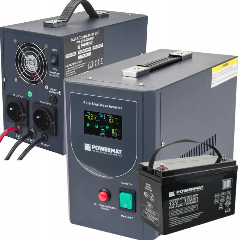 ДБЖ Powermat 1000ВА 800Вт чиста синусоїда + акумулятор Powermat 12В 100Ач (Польща)
