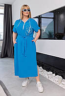 Женское модное прямое платье длинное больших размеров свободное голубое. Розміри: 50-52, 54-56,58-60,62-64