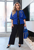 Женский летний брючный костюм больших размеров. Блуза и брюки. Размеры 50-52, 54-56, 58-60, 62-64 синий