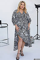 Женское легкое платье макси длинное на запах в пол бело-черное зебра большого размера 46-48,50-52,54-56,58-60