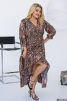 Женское легкое платье макси длинное на запах в пол коричневое зебра большого размера 46-48,50-52,54-56,58-60