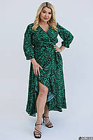 Женское легкое платье макси длинное на запах зеленое зебра большого размера 46-48,50-52,54-56,58-60