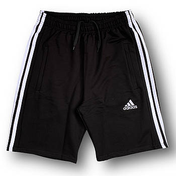Шорти чоловічі спортивні двонитка пеньє Adidas 3 смужки, розміри 46-54, чорні, 011566