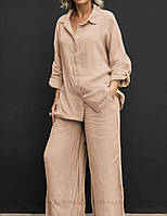 Костюм женский брючный из льна батал прогулочный костюм большого размера с брюками палаццо и рубашкой 42-48-56
