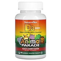 NaturesPlus, Animal Parade, витамин D3, со вкусом натуральной черешни, 500 МЕ, 90 таблеток в форме животных
