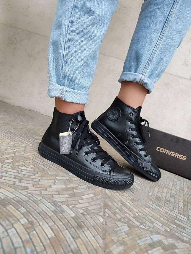 Женские высокие кеды конверсы all star converse кожаные черные деми демисезон, фото 1