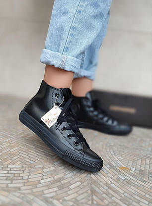 Женские высокие кеды конверсы all star converse кожаные черные деми демисезон, фото 4