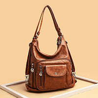 Женская сумка через плечо, вместительная изготовлена ​​из высококачественной экокожи коричневая 33х32х13см