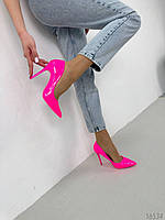 Жіночі туфлі човники на високій шпильці кольору фуксія лакована екошкіра із гострим носиком 39