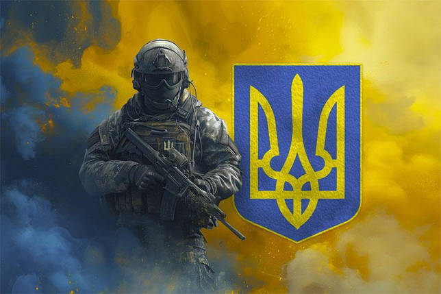 Прапор Військовий ЗСУ з гербом України синьо-жовтий світанок, фото 1