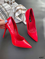 Женские туфли лодочки на высокой шпильке красные лаковая экокожа с острым носиком 36