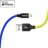 Кабель/шнур для Айфона (iPhone 11/12/13/14) Lightning, 1 метр, желто-голубой, в нейлоновой оплетке, ColorWay