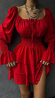Короткое платье с длинными рукавами открытыми плечами и трехъярусной юбкой Красный, S