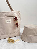Женская сумка-шоппер вельветовая с кармашком молочная (Женский шоппер вельветовый)