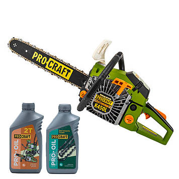 Бензопила Procraft K450L + Олива Procraft для ланцюга 1 л + Олива Procraft моторна 2-тактна 1 л