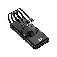 Повербанк Warmsof 20000mAh з безпровідною зарядкою та LED-дисплеєм + вбудовані проводи Чорний