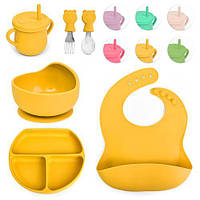 Посуда детская силиконовая 6пр/наб (вилка, ложка, чашка с трубочкой, слюнявчик, тарелки 2шт) см MA-4906 ish