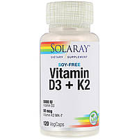 Витамины Д3 и К2 Vitamin D-3 + K-2 Solaray без сои 120 капсул IN, код: 7288058