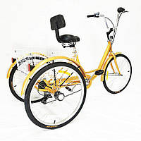 24" 6-скоростной взрослый трехколесный велосипед 3 колеса + корзина для покупок желтый (без света)