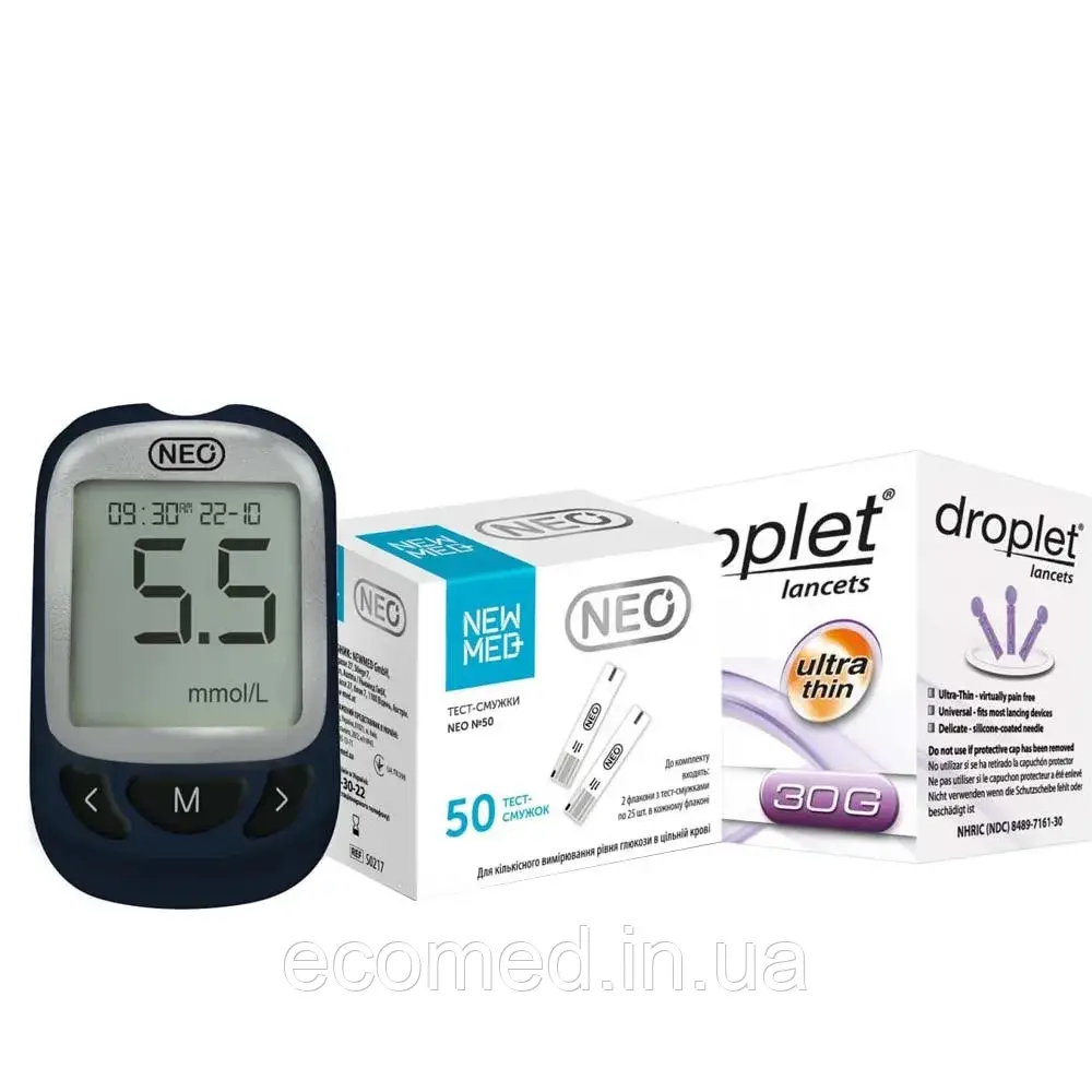 Глюкометр NEO (синій) + 50 тест-смужок + ланцети 100 шт., фото 1