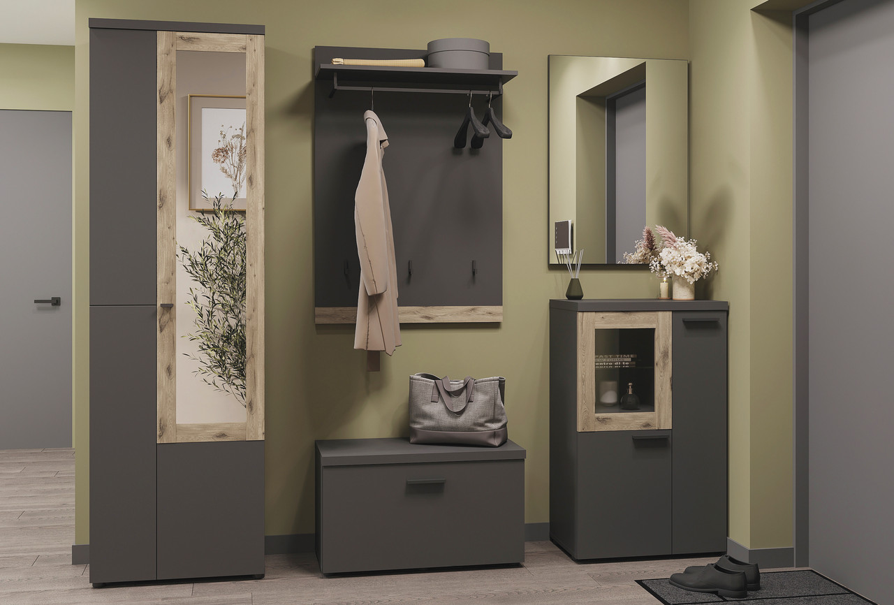 Сучасний модульний сірий передпокій у вузький коридор з шафою дзеркалом тумбою для взуття Модена Сокме 195 см, фото 1
