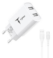 Сетевое зарядное устройство для телефона T-phox TCC-224 Pocket Dual USB + Type-C Cable White