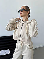 Женский спортивный костюм-двойка: укороченная кофта и штаны-палаццо из ткани петля молочного цвета
