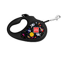 Повідець-рулетка для собак WAUDOG R-leash, малюнок "NASA", S, до 15 кг, 5 м, світловідбиваюча стрічка чорний