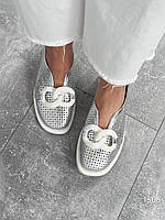 Женские лоферы серебро натуральная кожа с перфорацией