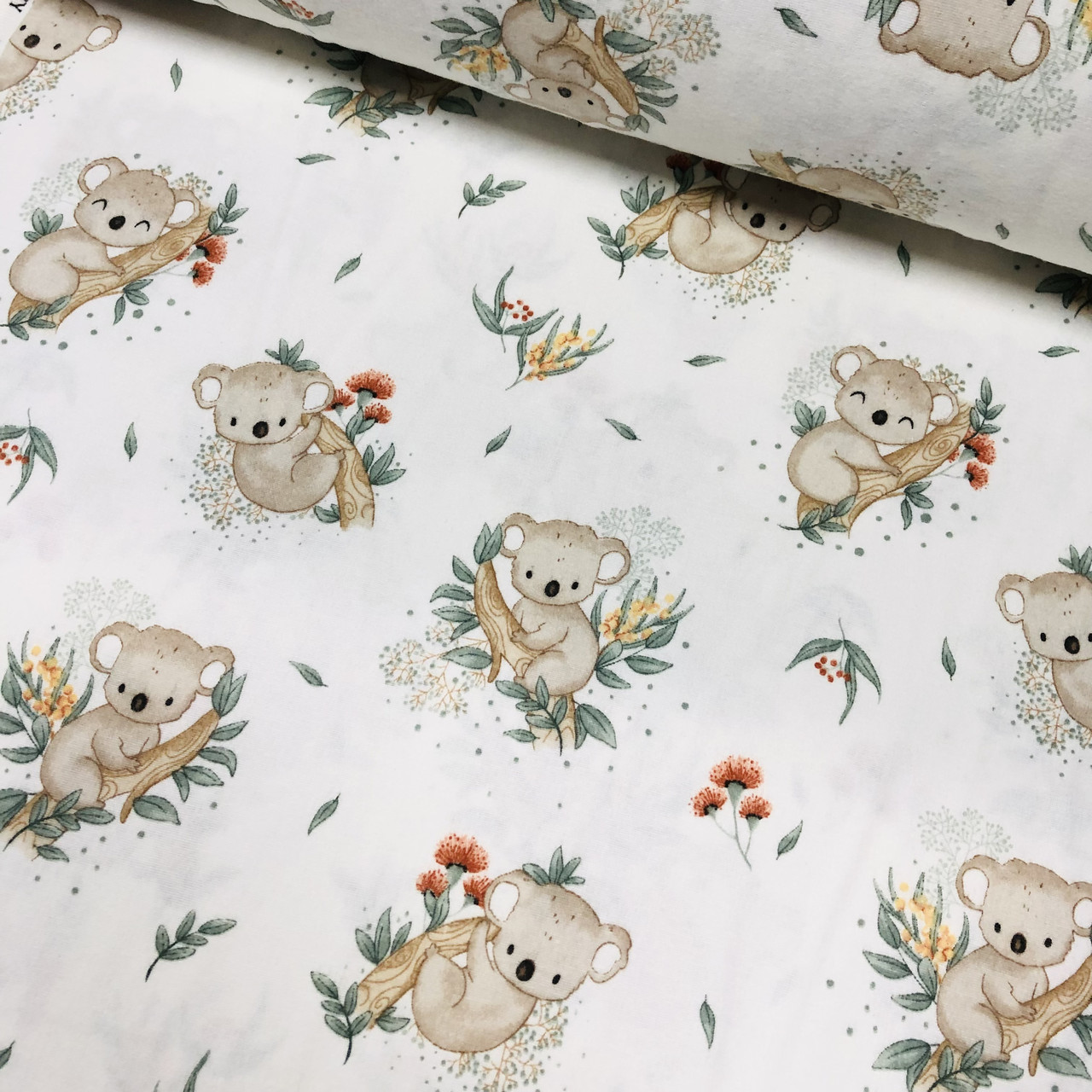 ВІДРЕЗ (0,6 * 2,4 м) Тканина поплін коали на деревах на білому (ТУРЦІЯ шир. 2,4 м) (R-T-0612), фото 1