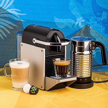 Кавомашина Nespresso Pixie Electric Aluminium D62 і Капучинатор (Спінювач молока) Aeroccino 4