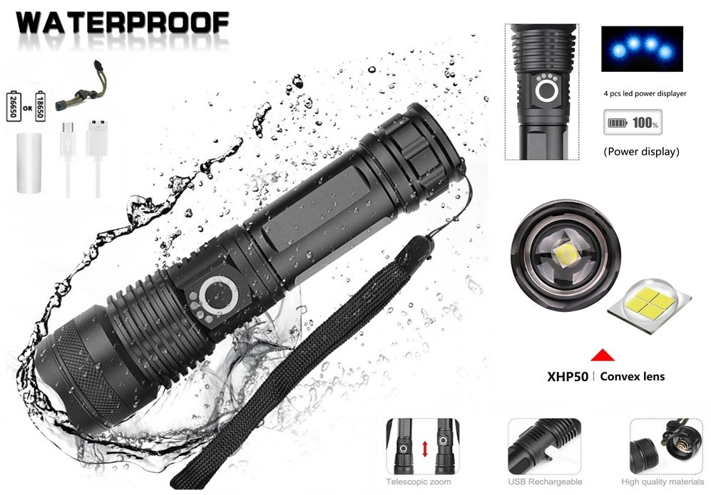 USB-C перезаряджаємий ліхтар XHP50 (Zoom, 5 Mode, 18650 або 26650, IP40, LED індикація заряду), Без батареї