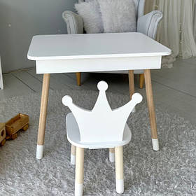 Дитячий столик і стільчик, стіл із нішею для олівців і розмальовок 53х60х45, стілець в виді корони 26.5х26х25, білий
