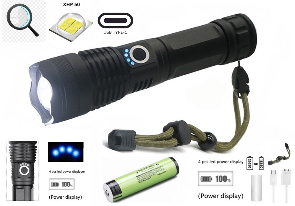 Ліхтар із зумом XHP50.2 (USB-C, Акумулятор 18650 у комплекті, 5 режимів, Темляк)