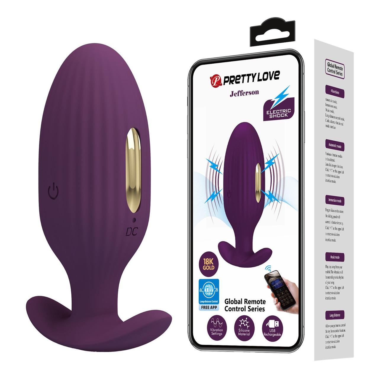Анальна пробка PRETTY LOVE Jefferson, 12 vibration functions 3 electric shock functions Кітті