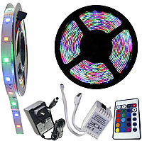 Світлодіодна стрічка багатокольорова RGB 5 м Led c пультом та блоком живлення, світлодіодна стрічка APEX