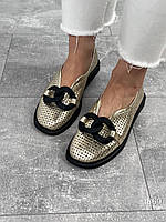 Стильні натуральні жіночі золоті лофери, жіночі туфлі з декором 37