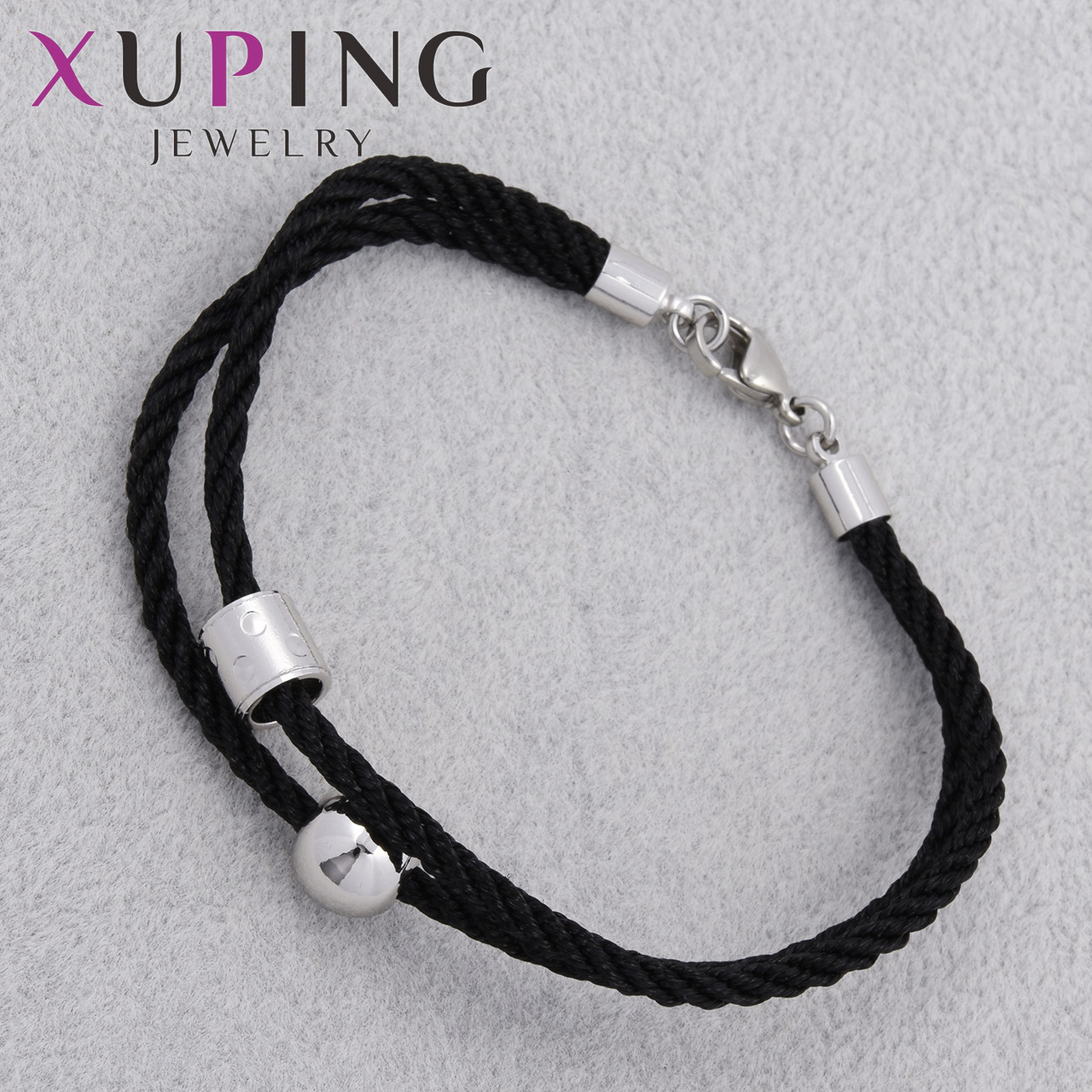 Браслет две нити черных с металлическими вставками серебристого цвета  Xuping позолота 18К цвета длина 19 см