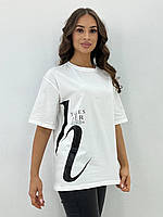 Футболка летняя белая женская Lila с красивым принтом ,прямая,размер 50-54 оверсайз